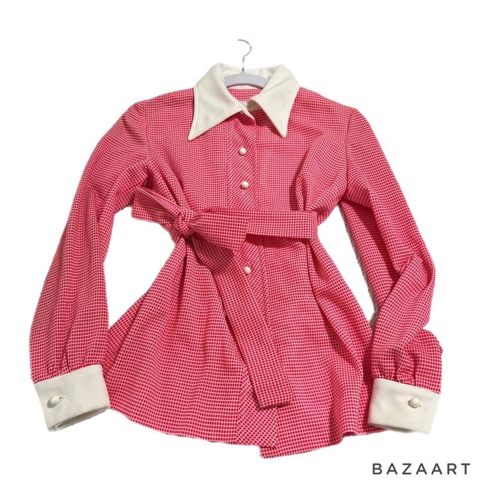 Vintage Dessy Creations NY Long Sleeve Gingham Collared Button‎ Front Blouse Top